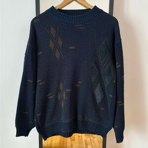 Vintage 80s 90s Chams geometric suede grandpa knit crewneck sweater knitwear dad